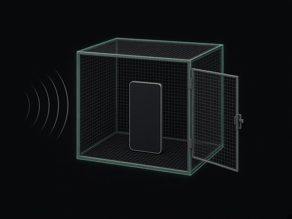 A handset standing inside a Faraday cage. Radio waves stop at the mesh.